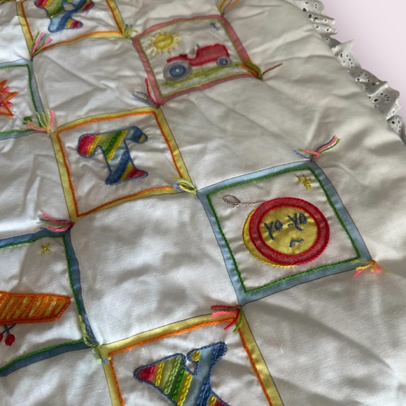 Vintage Handmade ABC Baby Blanket Top Embroidered Wall Hanging Ruffle Hem Decor - Picture 6 of 16